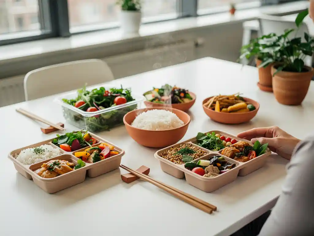 kantoor-lunch-rijstbowl-salade-bento.jpg Rijstbowls, verse salades en oosterse bentoboxes op een minimalistisch Amsterdams bureau in warm natuurlijk licht.