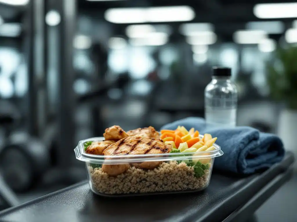 Eiwitrijke maaltijdcontainer met gegrilde kip, quinoa en groenten op sportschoolbank met waterfles en handdoek