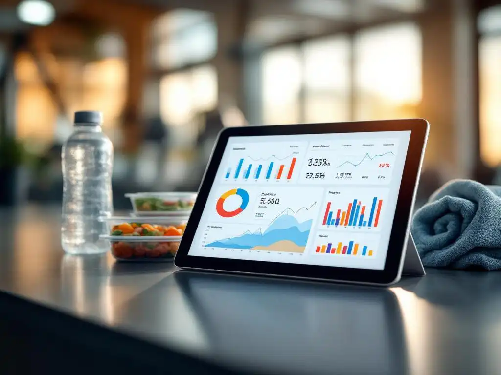 Tablet met kleurrijke analytics grafieken op sportschool balie naast maaltijdcontainers en waterfles