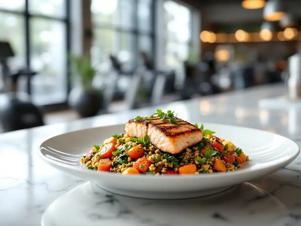 Gegrilde zalm met quinoa en geroosterde groenten op wit porselein in moderne fitnessruimte met natuurlijk licht
