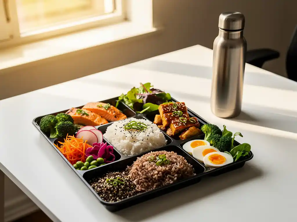 gezonde-bento-lunch-bureau-groenten.jpg Kleurrijke bento-lunchbox met eiwitrijke Aziatische gerechten, verse groenten en granen op een modern bureau in warm natuurlijk licht.