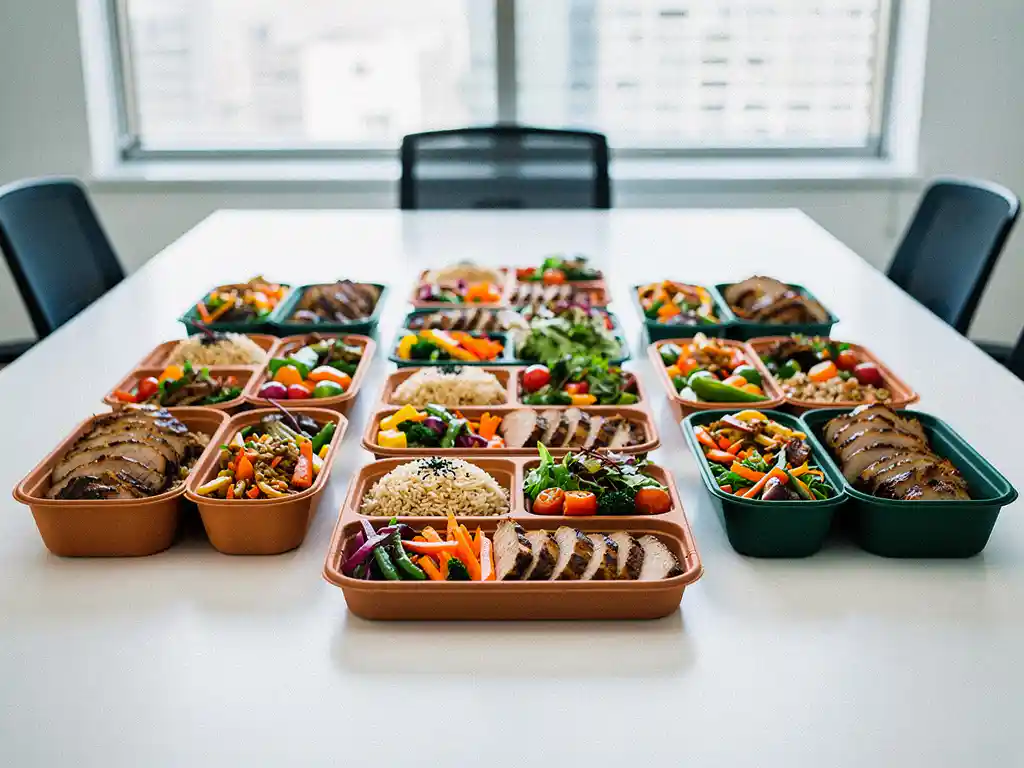 Gezonde rijstbowls met gegrild vlees en kleurrijke groenten geserveerd als bedrijfslunch op een moderne vergadertafel.