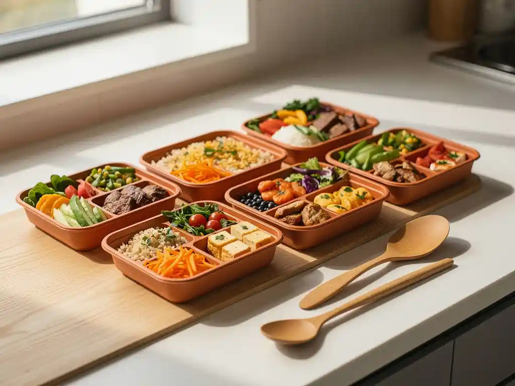 Kleurrijke lunchboxen met Aziatisch geïnspireerde maaltijden op een modern keukenblad in warme terracotta- en groentinten.