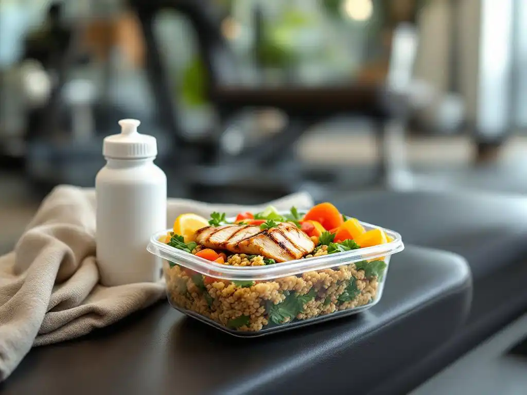 Gezonde maaltijdcontainer met gegrilde kip, quinoa en groenten op sportschoolbank naast waterfles en handdoek