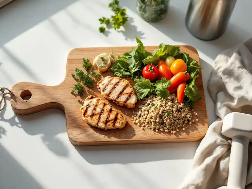 gezonde-maaltijd-fitness-voeding-sportschool.jpg Houten snijplank met gegrilde kip, quinoa en verse groenten naast halters en waterfles in natuurlijk daglicht