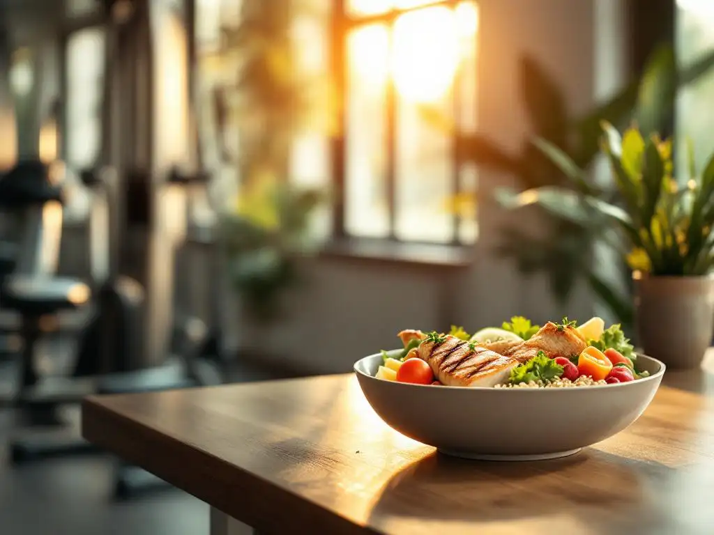 Gezonde maaltijdkom met gegrilde kip, quinoa en verse groenten op houten tafel naast sportapparatuur in natuurlijk licht