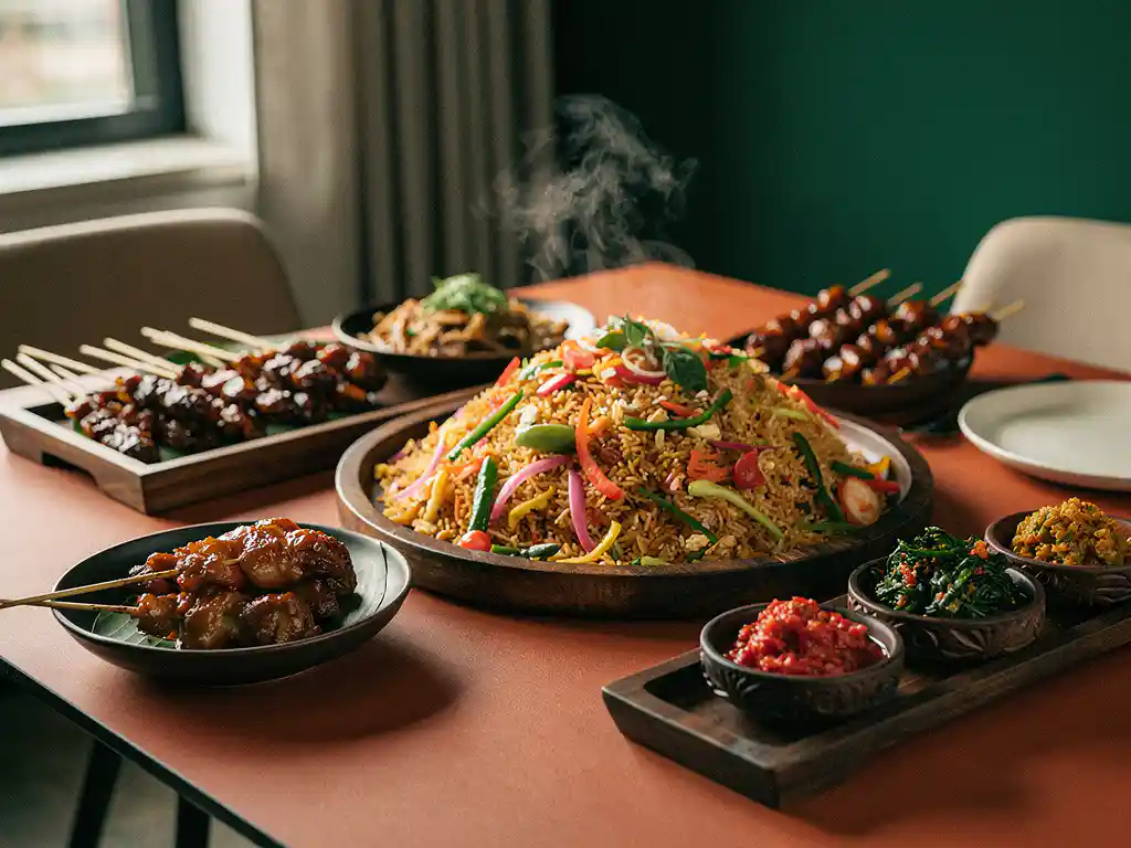 Dampende Indonesische gerechten zoals nasi goreng, sataystokjes en sambal op houten dienbladen op een moderne vergadertafel.