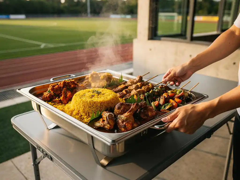 Dampende schaal Indonesisch rijst- en vleesgerecht op cateringsttafel bij modern sportcomplex met groen veld op achtergrond.