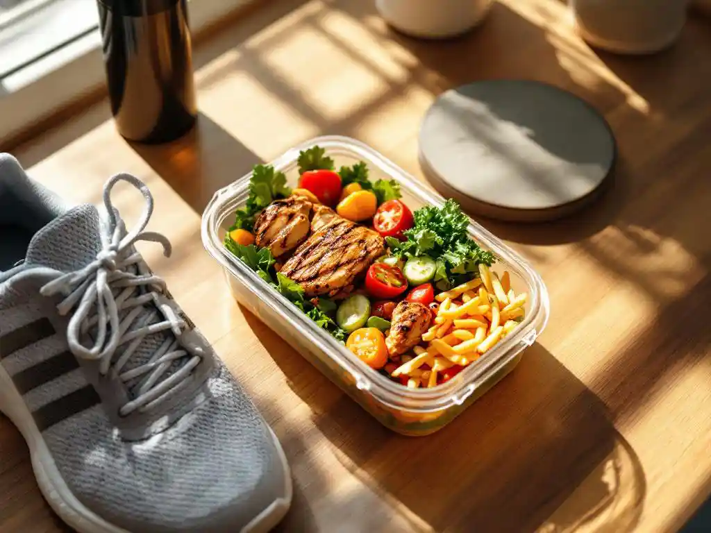 Maaltijdprep container met gegrilde kip en groenten naast sportschoenen en waterfles op houten keukentafel