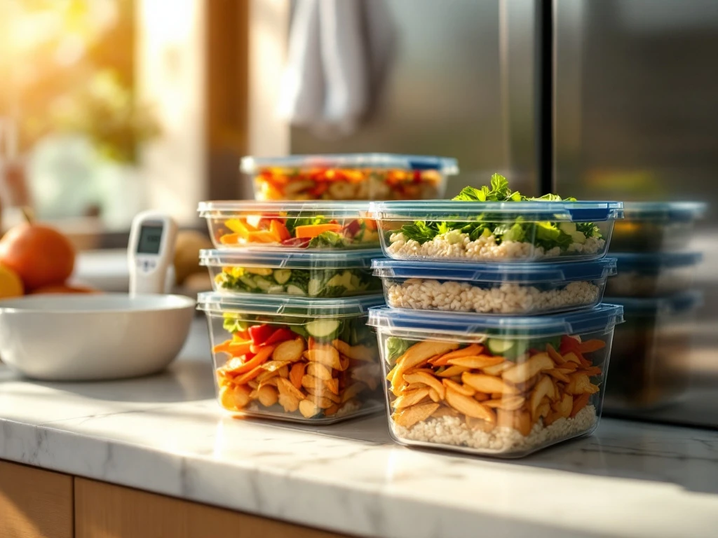 Een open koelkast in een moderne keuken toont netjes georganiseerde maaltijdcontainers met kleurrijke, verse ingrediënten.
