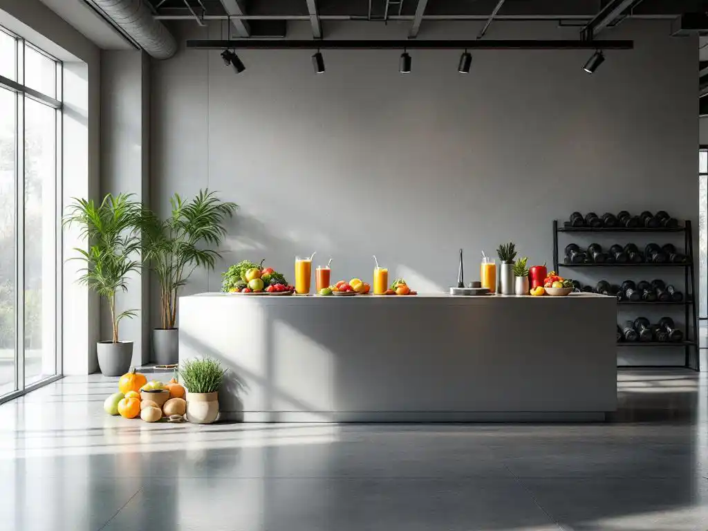 Moderne sportschool met smoothiebar vol eiwitshakes en fruit, halters op betonvloer, natuurlijk licht door grote ramen