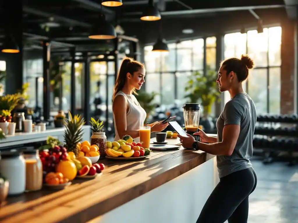 Moderne sportschool met smoothiebar waar voedingsdeskundige atleet adviseert, verse vruchten en eiwitpoeders op toonbank