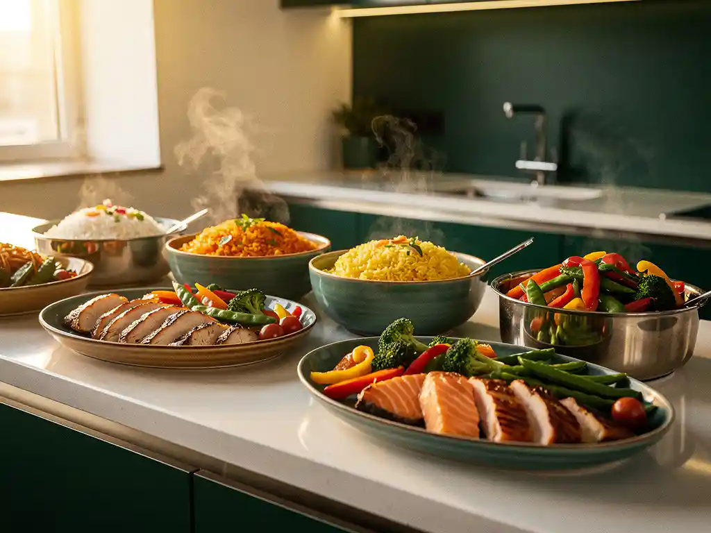 Aziatisch cateringbuffet met dampende rijst, gegrilde eiwitten en gekleurde groenten in elegante serveerschalen op kantinebalie.