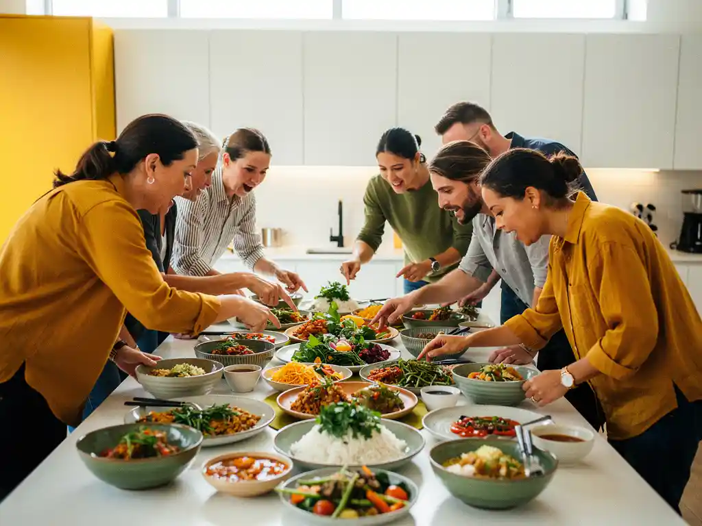 Collega's in een moderne kantinekeuken bespreken kleurrijke oosterse lunchgerechten in keramische schalen.
