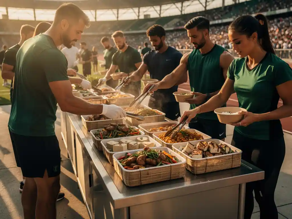 Atleten in sportkleding scheppen Aziatisch geïnspireerde maaltijden op bij een roestvrijstalen buffetstation in een stadion.