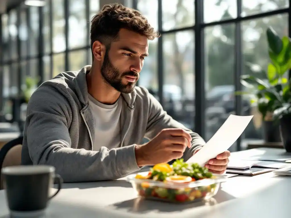 Gezonde sportmaaltijd in transparante verpakking op bureau van fitnessbeheerder die klachtenformulier bekijkt