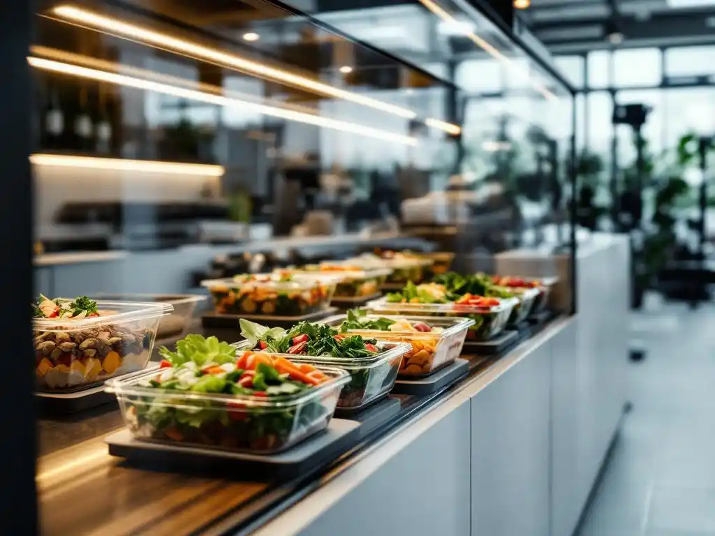 Vitrine met gezonde maaltijden in containers in moderne sportschool, salades en eiwitbowls prominent getoond
